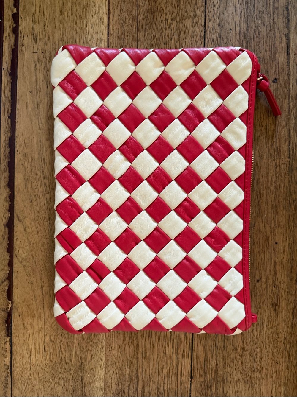 Clare V Red and Cream Woven Flat Zip Clutch with Tabs